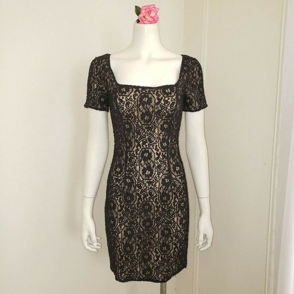 OLEG CASSINI BLACK TIE Size 4 Black & Beige LACE SEQUIN COCKTAIL DRESS - Picture 3 of 11